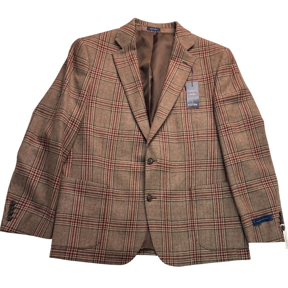 Stafford Classic Fit Wool Sport Coat Blazer 44S Tan Rust Plaid Seasonal Textures